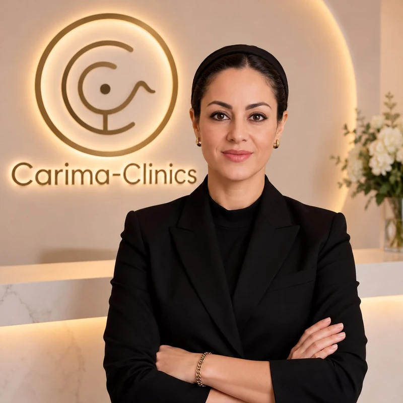 Dr. Eman Abdel-Keream vor dem CARIMA-Clinics-Schriftzug in der Ordination.