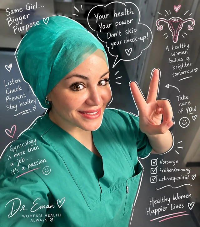 Dr. Abdel-Keream lächelt und zeigt ein V-Zeichen; das Foto enthält dekorative Schriftzüge.